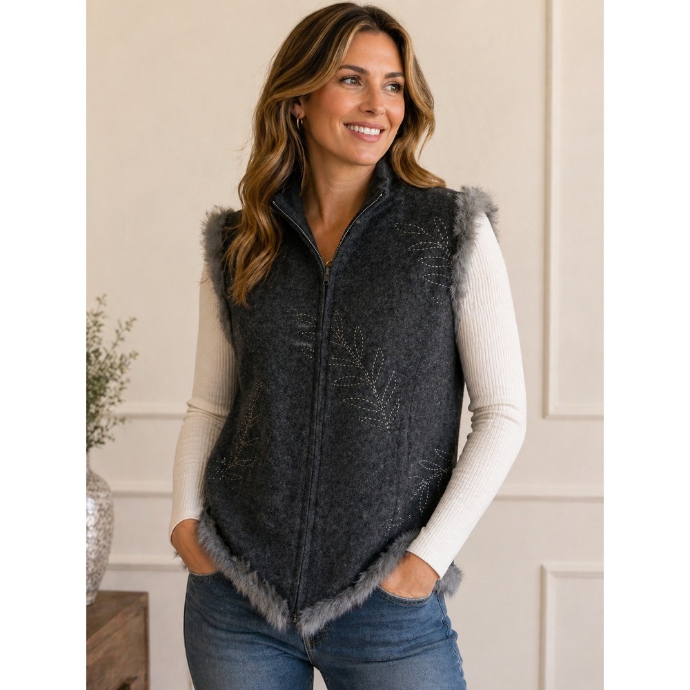 Ladnier New York Women 2X Wool Vest Gray Embroidered Faux Fur Trim Full Zip Line